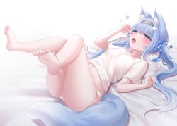 Rule 34 | 1girl, :o, animal ear fluff, animal ears, bare legs, barefoot, bed sheet, blue bow, blue eyes, blue hair, blue ribbon, blue tail, blunt bangs, bow, breasts, cloud hair ornament, commission, fang, feet up, full body, gradient hair, hair bow, hair ornament, hair ribbon, hairband, half-closed eyes, hands up, heart, honyang, knees together feet apart, legs up, long hair, lying, multicolored hair, navel, no pants, on back, on bed, open mouth, original, panties, rainbow hairband, ribbon, shirt, slit pupils, small breasts, soles, solo, t-shirt, tail, toes, tongue, tongue out, twintails, underwear, white panties, white shirt