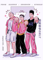 Rule 34 | 3boys, black hair, brown hair, buzz cut, closed eyes, english text, full body, headband, kawata masashi, looking at viewer, male focus, mich0307sd, miyagi ryouta, multiple boys, pointing, pointing down, sendou akira, short hair, side-by-side, simple background, slam dunk (series), smile, sparkle, spiked hair, translation request, undercut, very short hair, white background