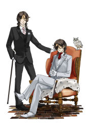 Rule 34 | 00s, 2boys, armchair, bad id, bad pixiv id, bird, black suit, brothers, brown hair, cane, chair, eyepatch, formal, gloves, gundam, gundam 00, hand in pocket, ikasumi, jacket, crossed legs, lockon stratos, long hair, lyle dylandy, male focus, multiple boys, necktie, neil dylandy, owl, red upholstery, siblings, sitting, smile, standing, suit, twins, white suit