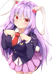 1girl, :o, animal ears, bangs, blush, breasts, bright pupils, bunny ears, bunny tail, commentary request, cowboy shot, crescent, crescent pin, eyebrows visible through hair, hair between eyes, hands on own chest, large breasts, long hair, looking at viewer, necktie, pink skirt, pleated skirt, purple hair, red eyes, red pupils, reisen udongein inaba, rururiaru, simple background, skirt, solo, standing, tail, touhou, very long hair, white background