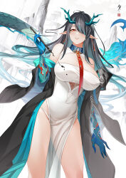 Rule 34 | 1girl, absurdres, arknights, black coat, black hair, blue hair, blush, breasts, china dress, chinese clothes, chinese commentary, cleavage cutout, clothing cutout, coat, colored skin, commentary request, d. joko, dragon girl, dragon horns, dragon tail, dress, dusk (arknights), earrings, flame-tipped tail, floating hair, hair over one eye, hair spread out, highres, holding, holding brush, horns, jewelry, large breasts, long hair, looking at viewer, multicolored hair, necktie, off shoulder, open clothes, open coat, open mouth, panties, pointy ears, red eyes, red necktie, solo, streaked hair, tail, tassel, tassel earrings, underwear, variant set, white dress, white panties