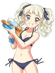 Rule 34 | 1girl, :d, aikatsu!, aikatsu! (series), aqua eyes, bare arms, bare shoulders, bikini, black bikini, black ribbon, blue bikini, blue ribbon, blunt bangs, blush, bow, breasts, cleavage, collarbone, commentary, cowboy shot, drill hair, dual wielding, fang, grin, hair bow, hair ribbon, halterneck, hands up, highres, holding, holding water gun, long hair, looking at viewer, navel, open mouth, ribbon, sekina, side-tie bikini bottom, simple background, sketch, small breasts, smile, solo, standing, stomach, string bikini, swimsuit, teeth, todo yurika, twin drills, twintails, v-shaped eyebrows, water gun, white background, white hair