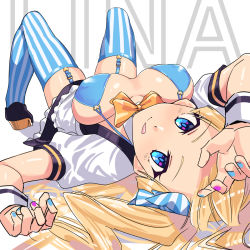 Rule 34 | 1girl, apron, bikini, bikini top only, blonde hair, blue eyes, blue nails, borrowed character, bow, breasts, covered erect nipples, dress, foreshortening, high heels, highres, kaedeko (kaedelic), large breasts, lina (michihasu), long hair, looking at viewer, lying, maid, maid apron, multicolored eyes, multicolored nails, nail polish, name connection, on back, original, pink nails, puffy sleeves, purple eyes, ribbon, sketch, solo, striped clothes, striped legwear, striped ribbon, striped thighhighs, swimsuit, thighhighs, twintails, vertical-striped clothes, vertical-striped thighhighs, very long hair, white background, yellow bow