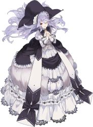 Rule 34 | 1girl, atelier (series), atelier sophie, black bow, bonnet, bow, closed mouth, dress, frills, full body, own hands clasped, lace, long hair, looking at viewer, noco (adamas), official art, one eye closed, own hands together, pamela ibiss, purple hair, red eyes, smile, solo