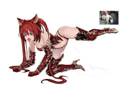 Rule 34 | 1girl, absurdres, all fours, animal ears, armored boots, boots, breasts, cerberus (shingeki no bahamut), dog ears, gauntlets, granblue fantasy, high heel boots, high heels, highres, johnblack, leg lift, long hair, medium breasts, peeing, red hair, reference photo, solo, tongue, tongue out, twintails, very long hair