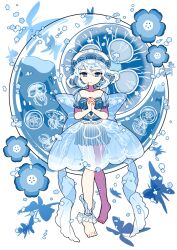 Rule 34 | 1girl, barefoot, blue eyes, crescent, elina (e2n04n), hat, huge bow, original, own hands together, see-through, see-through skirt, skirt, solo, standing, toes