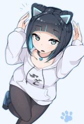 Rule 34 | 1girl, animal ears, animal hands, arms up, bell, black hair, black pantyhose, blue eyes, blue pantyhose, cat ears, cat paw, collar, collarbone, commentary request, dot nose, foot out of frame, gems company, highres, hood, hood down, hoodie, jovejun, knee up, long sleeves, looking at viewer, mizushima aoi (virtual youtuber), neck bell, open mouth, pantyhose, short hair, simple background, solo, virtual youtuber, white background, white hoodie