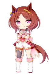 Rule 34 | 1girl, animal ears, black thighhighs, boots, brown hair, chibi, closed mouth, flower-shaped pupils, full body, hand up, highres, horse ears, horse girl, horse tail, jacket, knee boots, kuena, parted bangs, pink jacket, pink shirt, puffy short sleeves, puffy sleeves, purple eyes, sakura laurel (umamusume), shirt, short shorts, short sleeves, shorts, simple background, single thighhigh, smile, solo, standing, symbol-shaped pupils, tail, thighhighs, thighhighs under boots, umamusume, white background, white footwear, white shorts, wrist cuffs