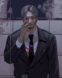 Rule 34 | 1boy, absurdres, beard, black coat, blood, blood on clothes, blood on face, brown eyes, buttons, chainsaw man, closed mouth, coat, collared shirt, dress shirt, ear piercing, facial hair, facial scar, glasgow smile, grey hair, hand on own face, hand up, highres, kishibe (chainsaw man), long sleeves, looking at viewer, male focus, mature male, mirror, multicolored hair, mustache, nazgul (5511474), necktie, overcoat, parted bangs, piercing, reflection, restroom, scar, scar on cheek, scar on face, shirt, short hair, standing, stubble, tiles, two-tone hair, undercut, upper body, white shirt, wrinkled skin