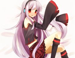 Rule 34 | 1girl, bad id, bad pixiv id, bare shoulders, blush, detached sleeves, headphones, kneehighs, long hair, lying, midriff, miniskirt, navel, no nose, on side, open mouth, pillow, red eyes, silver hair, skirt, sleeves past wrists, socks, solo, sukone tei, utau, vocaloid, yuyupo