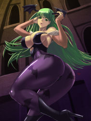 Rule 34 | 1girl, ass, bare shoulders, boots, breasts, bridal gauntlets, capcom, demon girl, female focus, from behind, from below, green eyes, green hair, head wings, high heel boots, high heels, huge ass, large breasts, leotard, long hair, looking at viewer, looking down, matching hair/eyes, morrigan aensland, pantyhose, parted lips, shiny clothes, shiny skin, solo, tenji, thick thighs, thighs, vampire (game), wings