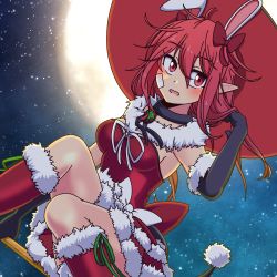 Rule 34 | 1girl, animal ears, broom, broom riding, collar, costume, dress, dungeon and fighter, female mage (dungeon and fighter), hat, mage (dungeon and fighter), moon, night, night sky, rabbit ears, red dress, ribbon, sky, solo, sss (komojinos3), tail, thighhighs, witch (dungeon and fighter), witch hat