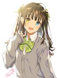Rule 34 | 1girl, :d, ahoge, backlighting, blue eyes, bow, bowtie, brown hair, buttons, cardigan, collared shirt, commentary, fang, frilled sleeves, frills, green bow, green bowtie, green ribbon, grey cardigan, hair ribbon, hand up, harunoibuki, head tilt, heterochromia, long hair, long sleeves, looking at viewer, open mouth, original, ribbon, school uniform, shirt, sidelocks, signature, simple background, sleeves past wrists, smile, solo, two side up, upper body, v, white background, white shirt, yellow eyes