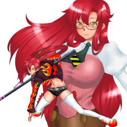 Rule 34 | 00s, 1girl, aged up, anti-materiel rifle, belt, black necktie, black shorts, boots, breasts, cleavage, closed mouth, cropped jacket, eyebrows, flame print, glasses, gun, hair between eyes, hair down, hair ornament, hair stick, holding, holding gun, holding weapon, juliet sleeves, large breasts, long hair, long sleeves, midriff, multiple views, navel, necktie, pink lips, ponytail, projected inset, puffy sleeves, red-framed eyewear, red hair, rifle, rokuichi, semi-rimless eyewear, shorts, simple background, skirt, smile, sniper rifle, stomach, tengen toppa gurren lagann, thigh boots, thighhighs, under-rim eyewear, underboob, unzipped, weapon, white background, white footwear, yellow eyes, yoko littner