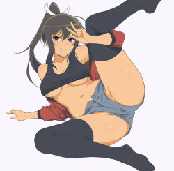 Rule 34 | 10s, 1girl, absurdres, black thighhighs, blue eyes, blush, breasts, brown hair, collarbone, dark-skinned female, dark skin, hair between eyes, high ponytail, highres, homura (senran kagura), jacket, large breasts, leg lift, long hair, looking at viewer, lying, momihige, navel, off shoulder, on side, open clothes, open jacket, parted lips, red jacket, senran kagura, short shorts, shorts, simple background, smile, solo, stomach, thighhighs, unbuttoned, w, white background