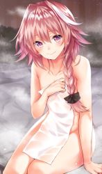 Rule 34 | 1boy, anza tomo, astolfo (fate), bad id, bad twitter id, black bow, bow, braid, covering privates, fang, fate/apocrypha, fate/grand order, fate (series), hair between eyes, hair intakes, hair ribbon, male focus, multicolored hair, naked towel, nude, nude cover, onsen, outdoors, pink hair, purple eyes, ribbon, see-through, single braid, sitting, streaked hair, thighs, towel, trap, white towel