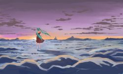 Rule 34 | 1girl, alternate costume, aqua hair, cloud, cloudy sky, from behind, hatsune miku, highres, inuko (redconstellation), long hair, long twintails, painterly, scenery, sky, solo, standing, standing on one leg, sunset, twintails, vocaloid