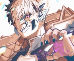 Rule 34 | 1boy, beerwolves, black hair, black nails, claw pose, crimzon ruze, earrings, eye mask, fangs, high collar, highres, holostars, holostars english, horned mask, jewelry, looking at viewer, male focus, mask, multicolored hair, one eye covered, open mouth, pointy ears, purple eyes, short hair, sketch, slit pupils, smile, solo, two-tone hair, virtual youtuber, white background, white hair