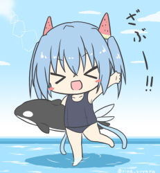 Rule 34 | &gt; &lt;, 1girl, :d, bare arms, bare legs, bare shoulders, barefoot, black one-piece swimsuit, blue hair, blue sky, blue wings, blush stickers, carrying, carrying under arm, chibi, closed eyes, cloud, collarbone, day, facing viewer, fairy wings, food-themed hair ornament, hair between eyes, hair ornament, horizon, inflatable orca, inflatable toy, old school swimsuit, one-piece swimsuit, open mouth, original, outdoors, outstretched arm, ri-net, school swimsuit, shallow water, sidelocks, sky, smile, solo, standing, standing on one leg, swimsuit, translation request, twintails, twitter username, wading, water, watermelon hair ornament, wings, xd