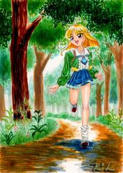 Rule 34 | 1990s (style), 1girl, ahoge, artist logo, artist name, blonde hair, blue necktie, blue skirt, bow, collar, collarbone, dirt road, flower, foliage, footwear bow, forest, green jacket, ink (medium), jacket, looking to the side, marker (medium), nature, necktie, open mouth, original, outdoors, path, r&#039;l, retro artstyle, road, running, school uniform, shoes, short hair, skirt, smile, socks, solo, traditional media, white collar