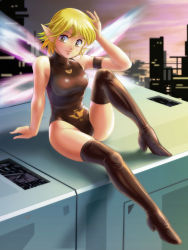 Rule 34 | 1girl, bad id, bad pixiv id, blonde hair, bodysuit, boots, breasts, closed mouth, elf 17, fairy, fairy wings, leotard, looking at viewer, pointy ears, retro artstyle, ruu (elf 17), short hair, skin tight, smile, solo, tamanegiinyo, thigh boots, thighhighs, turtleneck, wings