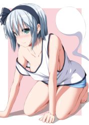 Rule 34 | 1girl, arm support, bare arms, bare legs, bare shoulders, barefoot, black hairband, black ribbon, blue shorts, blush, border, breasts, collarbone, commentary request, full body, green eyes, hair between eyes, hair ribbon, hairband, hitodama, kneeling, konpaku youmu, konpaku youmu (ghost), looking at viewer, medium breasts, nori tamago, nose blush, outside border, pink background, ribbon, shadow, shirt, short hair, short shorts, shorts, sidelocks, silver hair, simple background, solo, strap slip, tank top, thighs, touhou, white border, white shirt