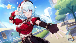 Rule 34 | 1girl, aqua eyes, asymmetrical clothes, beret, black gloves, black hat, black skirt, blue hair, blue sky, breasts, chimney, cloud, day, fishnets, gloves, hat, highres, honkai (series), honkai impact 3rd, large breasts, light blue hair, long hair, looking at viewer, official alternate costume, official art, official wallpaper, one eye closed, open hand, open mouth, outdoors, outstretched arm, red shirt, shigure kira, shirt, skirt, sky, solo, star (symbol), tree, upper body, v