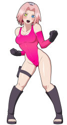 Rule 34 | 1girl, bandana, black footwear, black gloves, breasts, earrings, fighting stance, gloves, haruno sakura, heterochromia, highres, jewelry, leotard, medium breasts, naruto (series), naruto shippuuden, one-piece swimsuit, open mouth, pink gloves, pink hair, pink leotard, pink one-piece swimsuit, pouch, short hair, smile, solo, susuki (susuki hg), swimsuit, thigh pouch, thighs, toeless footwear