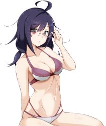 Rule 34 | 1girl, absurdres, ahoge, bespectacled, bikini, blue hair, breasts, collarbone, glasses, hair flaps, highres, honma (honmatomohiro), kantai collection, low twintails, medium breasts, navel, official alternate costume, red-framed eyewear, red eyes, ryuuhou (kancolle), ryuuhou kai ni (kancolle), simple background, solo, swimsuit, taigei (kancolle), twintails, white background