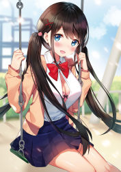 Rule 34 | 1girl, :d, ayamy, black bow, black hair, blue eyes, blue skirt, blush, bow, bow bra, bowtie, bra, breasts, brown hair, cleavage, collarbone, collared shirt, day, dress shirt, eyelashes, hair ornament, highres, long hair, long sleeves, looking at viewer, miniskirt, miyawaki sana, non-web source, open mouth, original, outdoors, pink bra, pool ladder, red bow, red bowtie, school uniform, shirt, sidelocks, sitting, skirt, smile, solo, swing, twintails, unbuttoned, unbuttoned shirt, underwear, white shirt, wing collar, x hair ornament