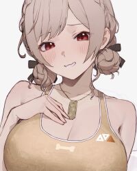 Rule 34 | 1girl, bare shoulders, blush, braid, breasts, brown hair, brown sports bra, cartoon bone, cleavage, collarbone, crown braid, dog tags, furen e lustario, furen e lustario (5th costume), hand on own chest, highres, large breasts, looking at viewer, nijisanji, official alternate costume, official alternate hairstyle, open mouth, parted bangs, red eyes, simple background, solo, sooon, sports bra, upper body, very low bun, virtual youtuber, wavy mouth, white background