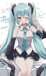Rule 34 | 1girl, absurdres, armpits, artist name, black skirt, black sleeves, black thighhighs, blue eyes, blue hair, blue necktie, commentary, detached sleeves, hasei (hasei01), hatsune miku, heart, highres, long hair, looking at viewer, necktie, one eye closed, shirt, sketch, skirt, sleeveless, sleeveless shirt, solo, thighhighs, thighs, translated, unworn socks, v, very long hair, vocaloid, white background