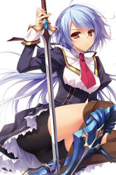 Rule 34 | &gt;:(, 1girl, ahoge, armor, bike shorts, boots, cover, cover page, frown, gem, greaves, juliet sleeves, kenkoku no jungfrau, light purple hair, long hair, long sleeves, low ponytail, novel cover, planted, planted sword, planted weapon, puffy sleeves, red eyes, school uniform, solo, sword, thigh boots, thighhighs, upskirt, v-shaped eyebrows, weapon, yasaka minato