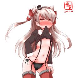 Rule 34 | 10s, 1girl, 2015, amatsukaze (kancolle), black panties, blush, brown dress, brown eyes, clothes lift, commentary request, dated, dress, dress lift, full-face blush, garter straps, hair tubes, hairband, hand in panties, hand on thigh, highres, kanon (kurogane knights), kantai collection, long hair, long sleeves, looking at viewer, mouth hold, navel, panties, sailor dress, side-tie panties, silver hair, simple background, solo, thighhighs, two side up, underwear, white background