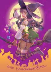 Rule 34 | 1girl, 2018, black hair, broom, full body, full moon, gensou suikoden, halloween, hat, highres, long hair, looking at viewer, monster, moon, open mouth, sakai (motomei), smile, striped clothes, striped thighhighs, thighhighs, viki (suikoden)