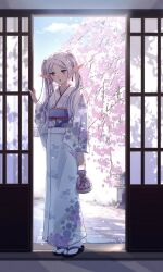 Rule 34 | 1girl, :o, alternate costume, backlighting, bag, blue sash, blush, cherry blossoms, dangle earrings, earrings, floral print, frieren, geta, hand up, highres, holding, holding bag, japanese clothes, jewelry, kimono, long hair, looking at viewer, omichi 1219, parted bangs, pink bag, pointy ears, sandals, sash, shouji, sliding doors, socks, solo, sousou no frieren, standing, twintails, white hair, white kimono, white socks