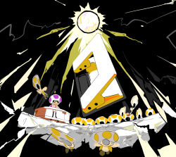 Rule 34 | 6+boys, apios, black background, character cutout, desk, highres, hole punch (paper mario), hole puncher, light, male focus, mario (series), multiple boys, nintendo, open mouth, orb, outline, paper mario, paper mario: the origami king, purple vest, sketch, sunglasses, surprised, sweat, tile floor, tiles, toad (mario), vest, white outline, yellow vest