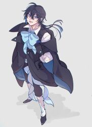 Rule 34 | 1boy, black hair, black jacket, black vest, blue eyes, earrings, grey background, highres, jacket, jewelry, long hair, long sleeves, low ponytail, male focus, neck ribbon, open mouth, ribbon, shirt, solo, tamami0122, vanitas (vanitas no carte), vanitas no carte, vest, white shirt