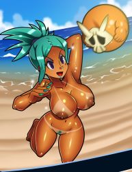 Rule 34 | 1girl, absurdres, aqua hair, armpits, ball, beach, beach volleyball, bikini tan, blue hair, blue lips, blue pubic hair, breasts, brown eyes, casual nudity, cerebella (skullgirls), chacrawarrior, cleavage, cleft of venus, cloud, completely nude, dark skin, feet up, female focus, female pubic hair, highres, jumping, large areolae, large breasts, lipstick, makeup, nail polish, navel, nipples, nude, ocean, open mouth, outdoors, playing sports, ponytail, pubic hair, shiny skin, skullgirls, sky, smile, solo, sweat, tan, tanline, tareme, thigh gap, vice-versa (skullgirls), volleyball, volleyball (object), water, wide hips