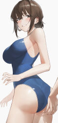 Rule 34 | 1girl, 1other, absurdres, ass, ass grab, bare arms, bare shoulders, black eyes, blue one-piece swimsuit, breasts, brown hair, cowboy shot, grin, hand on another&#039;s ass, highres, large breasts, looking at viewer, looking back, one-piece swimsuit, original, school swimsuit, short hair, simple background, smile, so shio, solo focus, spaghetti strap, standing, swimsuit, thighs, twisted torso, white background