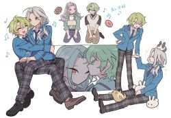 Rule 34 | 2boys, absurdres, animal, animal on head, blue jacket, blue necktie, closed eyes, closed mouth, collared shirt, commentary request, doughnut, ensemble stars!, food, full body, green hair, grey hair, hair between eyes, hand on own hip, hands on own legs, happy, highres, holding hands, hug, jacket, kiss, kissing forehead, kneeling, long hair, long sleeves, looking at another, male focus, meremero, multiple boys, multiple views, musical note, necktie, on head, one eye closed, open mouth, pants, plaid, plaid pants, ponytail, purple eyes, rabbit, ran nagisa, red eyes, school uniform, shirt, short hair, simple background, sitting, sitting on lap, sitting on person, smile, squeans, standing, tomoe hiyori, translation request, upper body, white background, white shirt, yaoi, yumenosaki school uniform