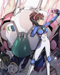 Rule 34 | &gt; &lt;, 3girls, black eyes, black gloves, blonde hair, bodysuit, breasts, brown hair, cellphone, chibi, commentary, d.va (overwatch), english commentary, genji (overwatch), gloves, grey bodysuit, halo, helmet, highres, holding, holding phone, lucio (overwatch), mecha, medium breasts, meka (overwatch), mercy (overwatch), multiple girls, one eye closed, overwatch, overwatch 2, phone, pilot suit, ponytail, procreate (medium), robot, selfie, smartphone, smile, smoke, sunglasses, tee on, tracer (overwatch), v, wings
