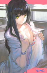 Rule 34 | 1girl, black hair, bra, breasts, cleavage, dated, highres, large breasts, long hair, looking at viewer, open clothes, open shirt, original, panko (drive co), polka dot, polka dot bra, shirt, signature, smile, smiley face, solo, underwear, upper body, white shirt, yellow eyes