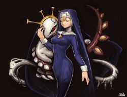 Rule 34 | 1girl, black background, blonde hair, closed eyes, covered navel, cross, cross necklace, crown, double (skullgirls), dual persona, extra eyes, extra mouth, habit, highres, jewelry, monster, necklace, nun, red eyes, skullgirls, solo