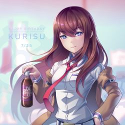 Rule 34 | 1girl, belt, blue eyes, brown hair, brown jacket, closed mouth, collared shirt, commentary request, dr pepper, dress shirt, drink, hand on own hip, happy birthday, holding, holding drink, jacket, kaijuicery, long hair, makise kurisu, necktie, red necktie, shirt, smile, soda, soda bottle, solo, steins;gate