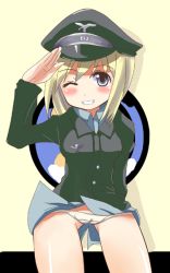 Rule 34 | 00s, 1girl, bad id, bad pixiv id, blonde hair, blue eyes, comord, erica hartmann, grin, hat, komoodo, one eye closed, panties, salute, short hair, smile, solo, strike witches, underwear, wink, world witches series
