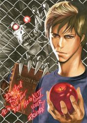 Rule 34 | 2boys, apple, book, brown hair, colored skin, death note, death note (2017), death note (object), english text, food, fruit, glowing, holding, holding food, light turner, male focus, multiple boys, obata takeshi, official art, pointy ears, red eyes, ryuk, shinigami, white skin, wire fence