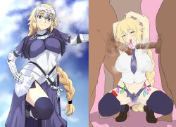 Rule 34 | 1girl, 3boys, absurdres, arms up, before and after, blonde hair, breasts, condom, dark-skinned male, dark skin, fate (series), highres, interracial, iwao178, jeanne d&#039;arc (fate), large breasts, long hair, multiple boys, penis, shorts, spread legs, squatting, thighhighs, used condom