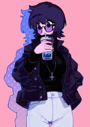 Rule 34 | 1girl, black-framed eyewear, black hair, black sweater, breasts, cross, cross necklace, cup, denim, drink, drinking, drop shadow, glasses, highres, holding, holding drink, hunter x hunter, inverted cross, jacket, jeans, jewelry, large breasts, long sleeves, masaartjv, medium breasts, nail polish, necklace, open clothes, open jacket, pants, pink background, shizuku murasaki, short hair, simple background, solo, sweater, turtleneck, white pants