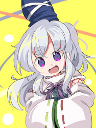 Rule 34 | 1girl, fang, grey hair, hands in opposite sleeves, happy, harakune (mugennero), hat, hat ribbon, highres, japanese clothes, kariginu, long hair, looking at viewer, mononobe no futo, neck ribbon, open mouth, purple eyes, purple ribbon, ribbon, simple background, skin fang, smile, solo, tate eboshi, touhou, upper body, white ribbon, yellow background